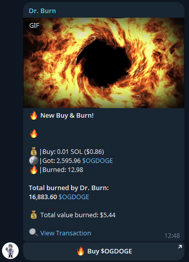 Dr. Burn buy announcement in Telegram