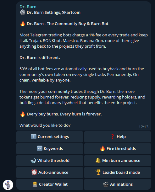 Dr. Burn settings menu in Telegram